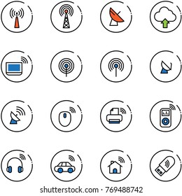 line vector icon set - antenna vector, satellite, upload cloud, notebook wi fi, mouse wireless, printer, music player, headphones, car, home, usb
