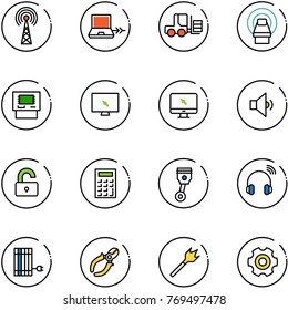 line vector icon set - antenna vector, netabook connect, fork loader, mri, atm, monitor cursor, low volume, unlocked, calculator, piston, wireless headphones, sun panel, side cutters, wood drill