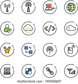 line vector icon set - antenna vector, netabook connect, globe, user check, refresh cloud, tag code, stars, data exchange, server wireless, binary, atom core, link, fine signal