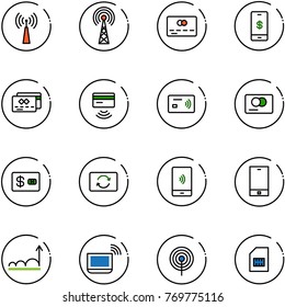 line vector icon set - antenna vector, credit card, mobile payment, tap pay, exchange, phone, growth, notebook wi fi, sim