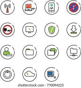 line vector icon set - antenna vector, netabook connect, mobile heart monitor, no parkin odd, trailer road sign, cursor, shield, download, user password, folder, network, standby, cloud