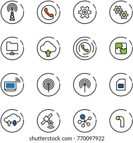 line vector icon set - antenna vector, phone, gear, network folder, upload cloud, horn, puzzle, notebook wi fi, sim, exchange data, satellite, molecule, allen key