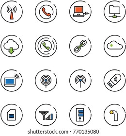 line vector icon set - antenna vector, phone, netabook connect, network folder, download cloud, horn, link, notebook wi fi, usb, sim, fine signal, server, allen key