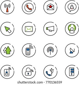 line vector icon set - antenna vector, phone, star letter, merry christmas message, cursor, mail, loudspeaker, man globe, arrow up, mobile, satellite, identity card, wireless lock, server