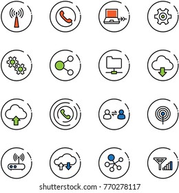 line vector icon set - antenna vector, phone, netabook connect, gear, share, network folder, download cloud, upload, horn, information exchange, wi fi router, data, molecule, fine signal