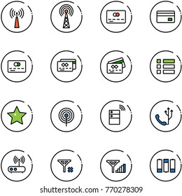 line vector icon set - antenna vector, credit card, menu, star, server wireless, phone, wi fi router, no signal, fine, battery