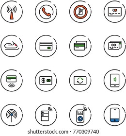 line vector icon set - antenna vector, phone, no mobile sign, credit card, snowmobile, tap pay, exchange, payment, server wireless, music player