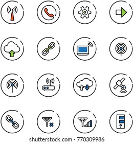 line vector icon set - antenna vector, phone, gear, right arrow, upload cloud, link, notebook wi fi, router, exchange data, satellite, no signal, fine, server