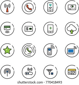 line vector icon set - antenna vector, phone, mobile heart monitor, credit card, tap pay, payment, upload cloud, star, horn, notebook wi fi, router, no signal, generator