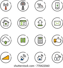 line vector icon set - antenna vector, arrival, mobile payment, home, website, uplooad, mail, upload cloud, pause, calculator, finger up, stairs, satellite, wireless, lock
