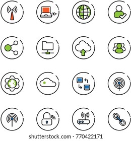 line vector icon set - antenna vector, netabook connect, globe, user check, share, network folder, upload cloud, group, gear, data exchange, wireless lock, wi fi router, link