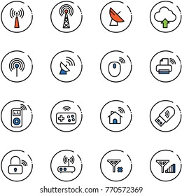 line vector icon set - antenna vector, satellite, upload cloud, mouse wireless, printer, music player, joystick, home, usb wi fi, lock, router, no signal, fine