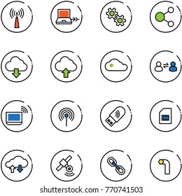 line vector icon set - antenna vector, netabook connect, gear, share, download cloud, upload, information exchange, notebook wi fi, usb, sim, data, satellite, link, allen key