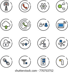 line vector icon set - antenna vector, phone, gear, share, upload cloud, horn, information exchange, notebook wi fi, wireless lock, data, satellite, molecule, link, no signal, server, allen key