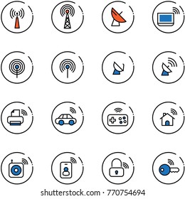 line vector icon set - antenna vector, satellite, notebook wi fi, printer wireless, car, joystick, home, speaker, identity card, lock, key