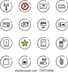 line vector icon set - antenna vector, no mobile sign, credit card, snowmobile, tap pay, payment, star, phone, micro flash, sim, wi fi router, toy