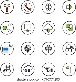 line vector icon set - antenna vector, phone, gear, right arrow, share, network folder, download cloud, puzzle, notebook wi fi, wireless lock, router, exchange data, fine signal, allen key