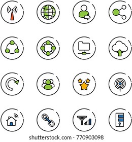 line vector icon set - antenna vector, globe, user login, share, social, friends, network folder, upload cloud, redo, group, stars, wireless home, link, fine signal, server