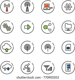 line vector icon set - antenna vector, netabook connect, gear, right arrow, share, network folder, upload cloud, sim, exchange data, satellite, fine signal, server