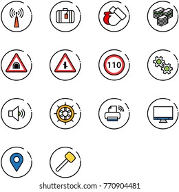 line vector icon set - antenna vector, suitcase, gloves, big cash, tunnel road sign, intersection, speed limit 110, gear, volume medium, hand wheel, printer wireless, monitor, navigation pin