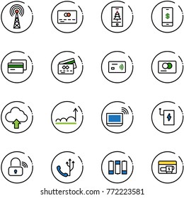 line vector icon set - antenna vector, credit card, christmas mobile, payment, tap pay, upload cloud, growth, notebook wi fi, power bank, wireless lock, phone, battery, generator
