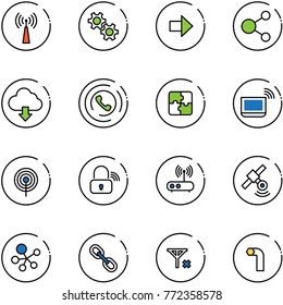 line vector icon set - antenna vector, gear, right arrow, share, download cloud, phone horn, puzzle, notebook wi fi, wireless lock, router, satellite, molecule, link, no signal, allen key