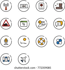 line vector icon set - antenna vector, automatic doors, passport, airport building, steep descent road sign, cursor browser, key hand, dialog, microphone, lounger, lifebuoy, atom core, battery