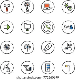 line vector icon set - antenna vector, netabook connect, gear, right arrow, network folder, phone horn, information exchange, usb wi fi, router, satellite, fine signal, server, allen key