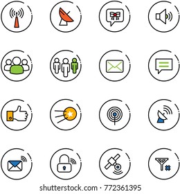 line vector icon set - antenna vector, satellite, bow message, volume medium, group, mail, chat, finger up, first, wireless, lock, no signal