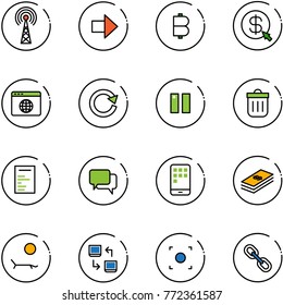 line vector icon set - antenna vector, right arrow, bitcoin, money click, browser globe, reload, pause, trash bin, document, dialog, mobile, dollar, lounger, data exchange, record button, link