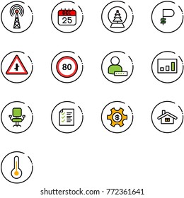 line vector icon set - antenna vector, 25 dec calendar, snowball tree, ruble, intersection road sign, speed limit 80, user password, statistics, office chair, list, money managemet, home