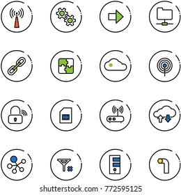 line vector icon set - antenna vector, gear, right arrow, network folder, link, puzzle, cloud, wireless lock, sim, wi fi router, exchange data, molecule, no signal, server, allen key