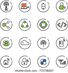 line vector icon set - antenna vector, netabook connect, bitcoin, user check, share, social, friends, tag code, group, cloud, server wireless, home, lock, atom core, fine signal