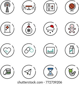 line vector icon set - antenna vector, cafe, elevator, globe, first aid room, christmas ball, snowfall, cake man, heart pulse, pills, statistics, milk, coin, paper fly, sand clock, toy caterpillar