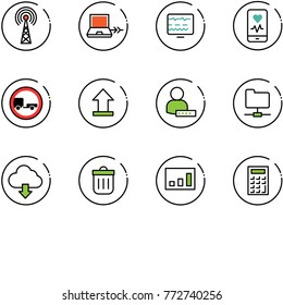 line vector icon set - antenna vector, netabook connect, diagnostic monitor, mobile heart, no trailer road sign, uplooad, user password, network folder, download cloud, trash bin, statistics