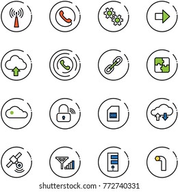 line vector icon set - antenna vector, phone, gear, right arrow, upload cloud, horn, link, puzzle, wireless lock, sim, exchange data, satellite, fine signal, server, allen key
