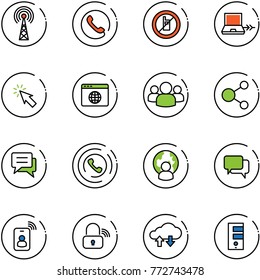 line vector icon set - antenna vector, phone, no mobile sign, netabook connect, cursor, browser globe, group, share, chat, horn, man, dialog, identity card, wireless lock, cloud exchange data