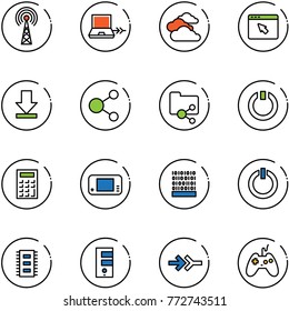 line vector icon set - antenna vector, netabook connect, clouds, cursor browser, download, share, shared folder, standby, calculator, game console, binary code, button, chip, server, joystick