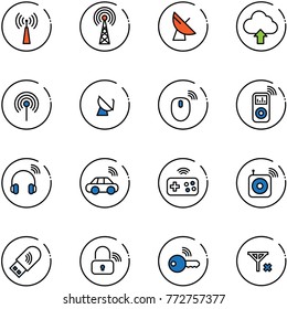 line vector icon set - antenna vector, satellite, upload cloud, mouse wireless, music player, headphones, car, joystick, speaker, usb wi fi, lock, key, no signal