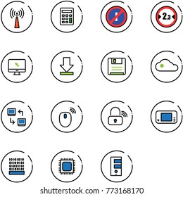 line vector icon set - antenna vector, calculator, no parkin odd, limited width road sign, monitor cursor, download, save, cloud, data exchange, mouse wireless, lock, game console, binary code, cpu