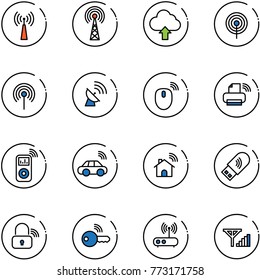 line vector icon set - antenna vector, upload cloud, satellite, mouse wireless, printer, music player, car, home, usb wi fi, lock, key, router, fine signal