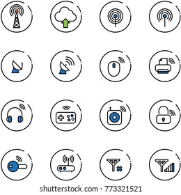 line vector icon set - antenna vector, upload cloud, satellite, mouse wireless, printer, headphones, joystick, speaker, lock, key, wi fi router, no signal, fine