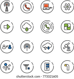 line vector icon set - antenna vector, phone, netabook connect, gear, right arrow, download cloud, horn, puzzle, information exchange, data, satellite, molecule, no signal, server, allen key