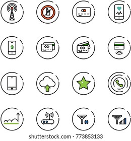 line vector icon set - antenna vector, no mobile sign, credit card, heart monitor, payment, tap pay, phone, upload cloud, star, horn, growth, wi fi router, signal, fine
