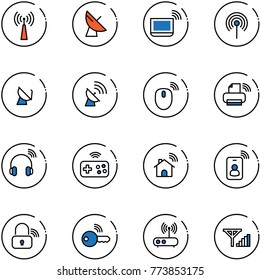 line vector icon set - antenna vector, satellite, notebook wi fi, mouse wireless, printer, headphones, joystick, home, identity card, lock, key, router, fine signal