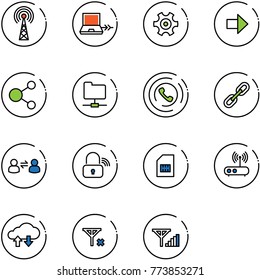line vector icon set - antenna vector, netabook connect, gear, right arrow, share, network folder, phone horn, link, information exchange, wireless lock, sim, wi fi router, cloud data, no signal