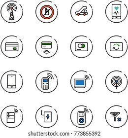 line vector icon set - antenna vector, no mobile sign, trap truck, heart monitor, credit card, tap pay, exchange, phone, notebook wi fi, server wireless, power bank, music player, signal