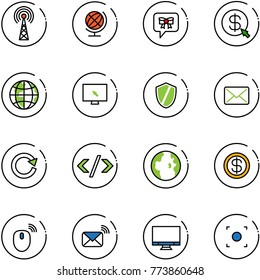 line vector icon set - antenna vector, globe, bow message, money click, monitor cursor, shield, mail, reload, tag code, dollar, mouse wireless, record button