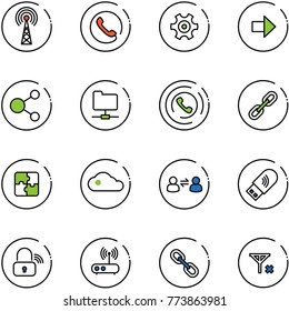 line vector icon set - antenna vector, phone, gear, right arrow, share, network folder, horn, link, puzzle, cloud, information exchange, usb wi fi, wireless lock, router, no signal