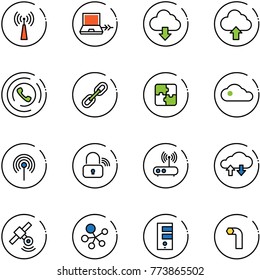 line vector icon set - antenna vector, netabook connect, download cloud, upload, phone horn, link, puzzle, wireless lock, wi fi router, exchange data, satellite, molecule, server, allen key